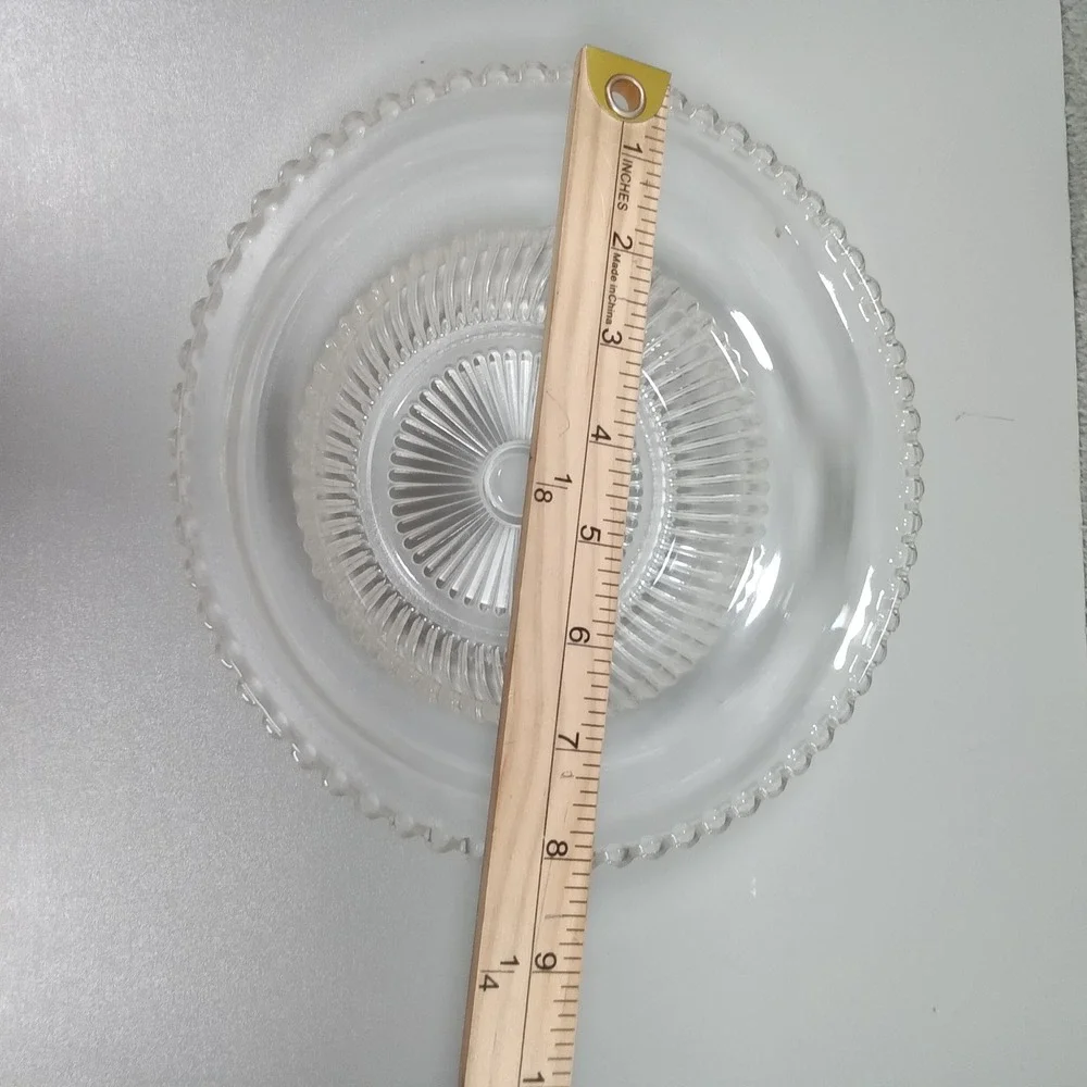 Vintage Clear‎ Pressed Glass Serving Bowl Beaded Rim Sunburst Ribbed 9.25 Inch